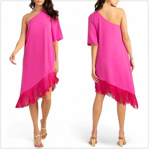 Trina Turk Bright Pink Gull Asymmetric One Shoulder Fringed Hem Dress NWT New M - Picture 1 of 6